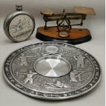 Post Office scales, Vintage Pewter round hip flask and vintage pewter wall plate