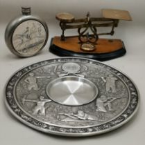 Post Office scales, Vintage Pewter round hip flask and vintage pewter wall plate