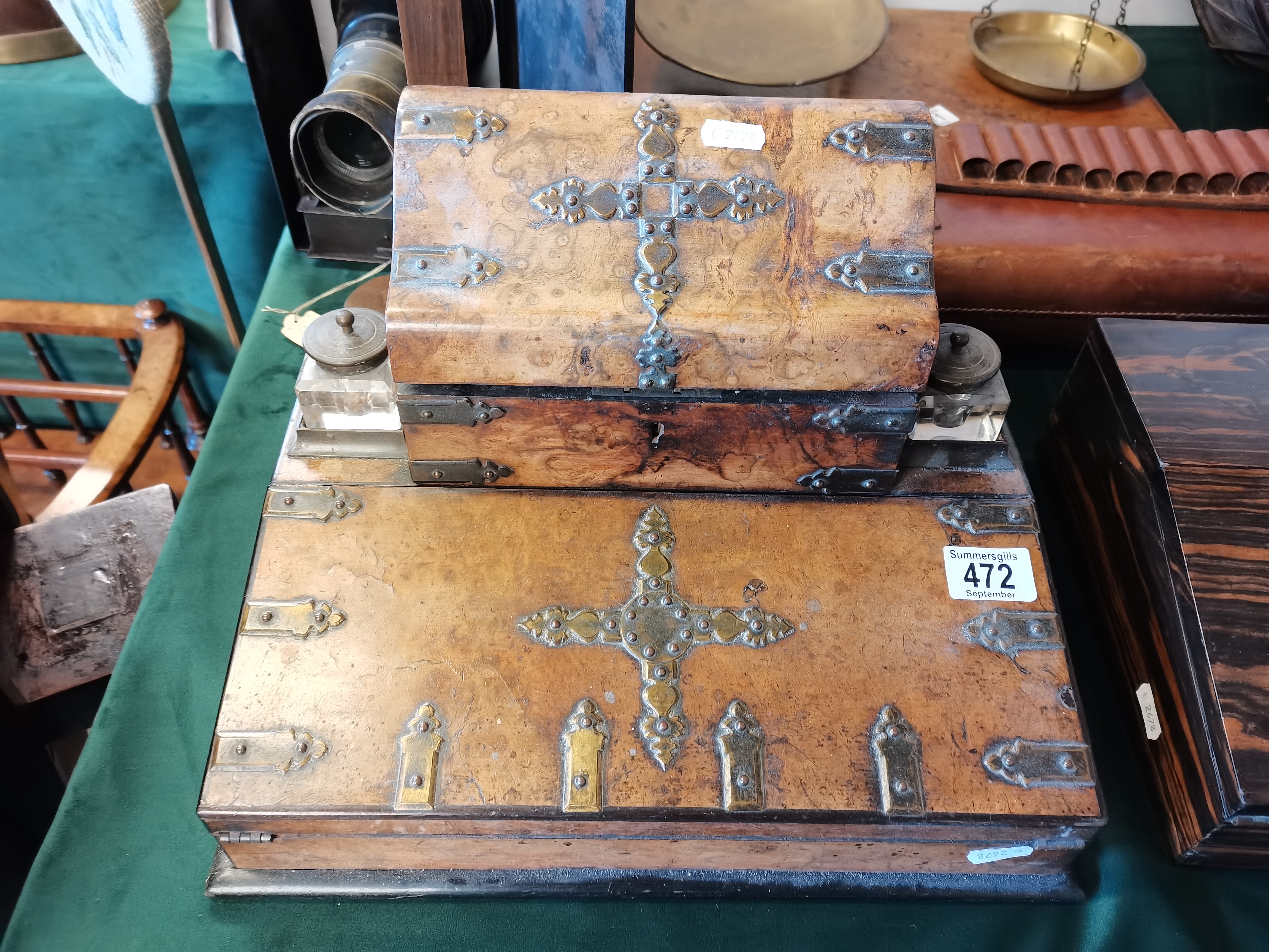 An Antique walnut writing box with gilt decoration