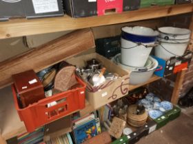 3 Boxes to Include Picquot Ware and wooden Items Plus Enamel buckets Bowls Etc