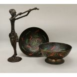 Vintage Burkina Fao, west African bronze flute player plus x2 Chinoiserie bowls