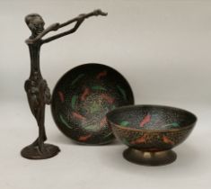 Vintage Burkina Fao, west African bronze flute player plus x2 Chinoiserie bowls