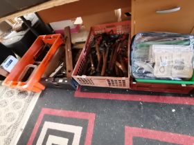 Large collection (6 boxes) of tools, hammers, sander etc
