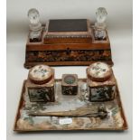 Japanese desk tidy plus Tumbridge ware pin cushion box with cut glass bottles c1850's