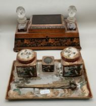 Japanese desk tidy plus Tumbridge ware pin cushion box with cut glass bottles c1850's