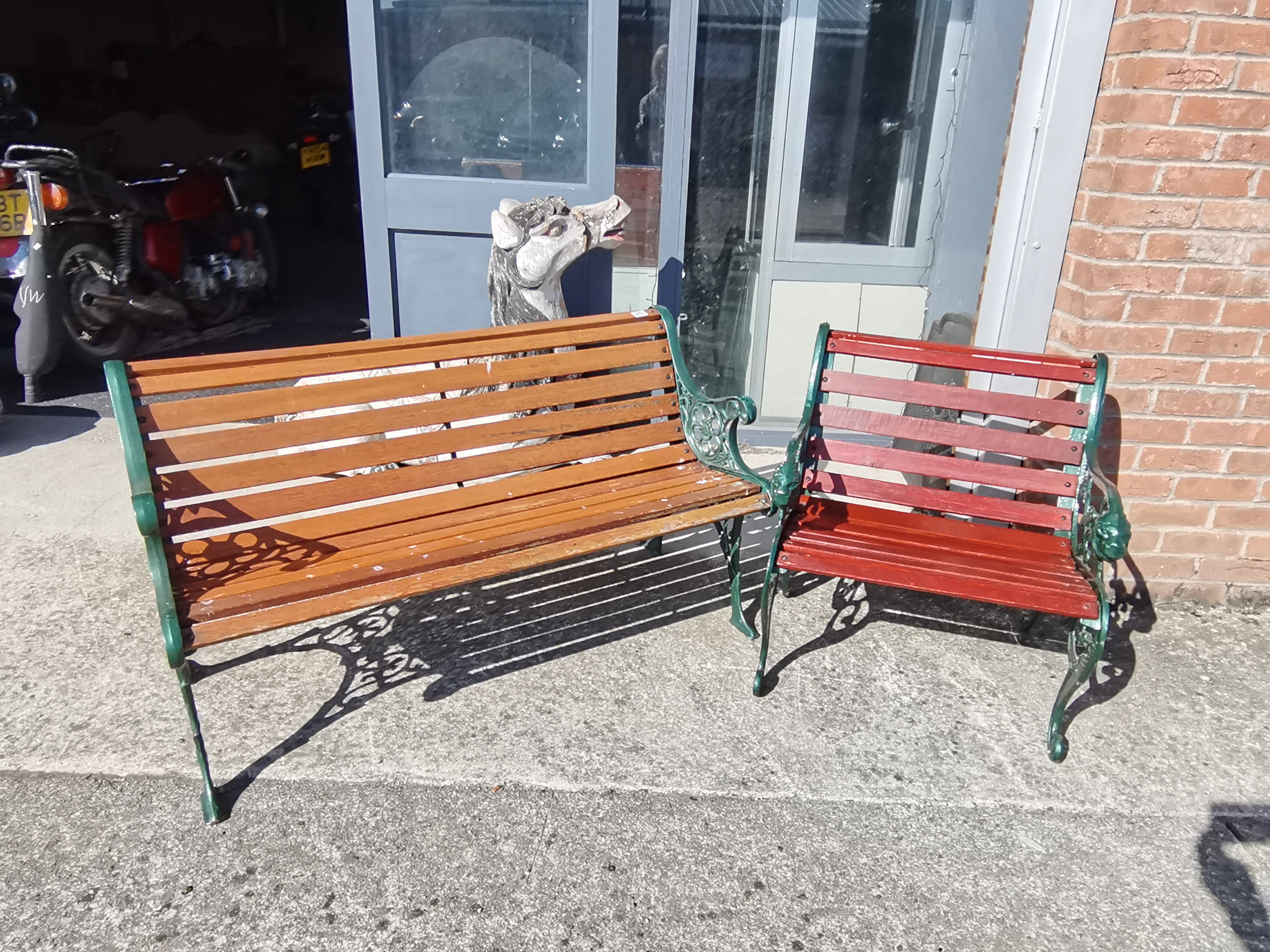 Wooden and metal garden bench and matching chair