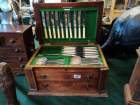 An Edwardian inlaid cutlery box with cutlery by WI