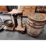 Antique wooden barrell and vintage weighing scales