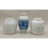 Pair of Antique Chinese vases 10cm Ht plus Blue and white Chinese vase13cm Ht
