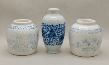 Pair of Antique Chinese vases 10cm Ht plus Blue and white Chinese vase13cm Ht