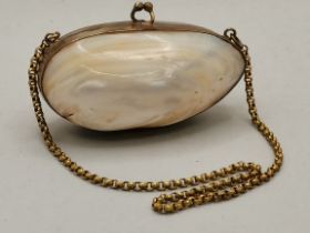Mother of Pearl clam purse with chain, early 20th century