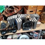 Set of Charles DIckens books, coffee grinder, scales and warming pan