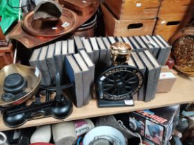 Set of Charles DIckens books, coffee grinder, scales and warming pan