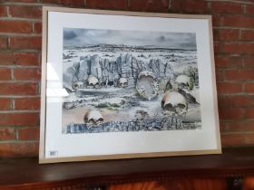 A large watercolour of site with skulls by J Alec