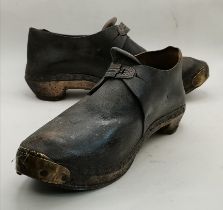 Pair of Antique leather, brass and wood clogs