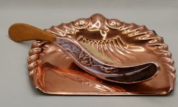 Late Victorian J.S & S solid copper crumb tray and brush