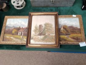 2 x small antique oils of country scenes plus framed embroidery