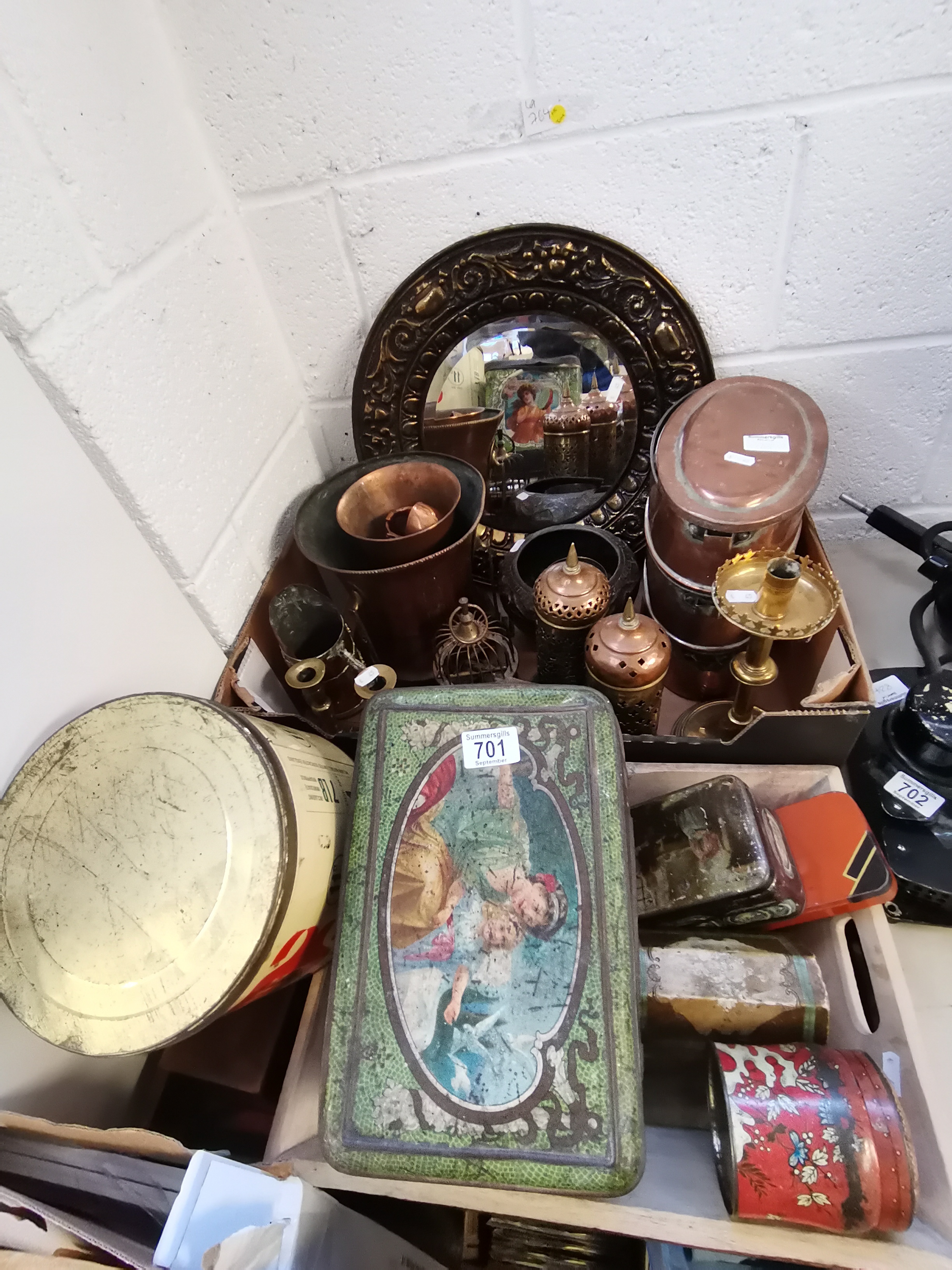 2 Boxes Containing Vintage Tins and Copper Items