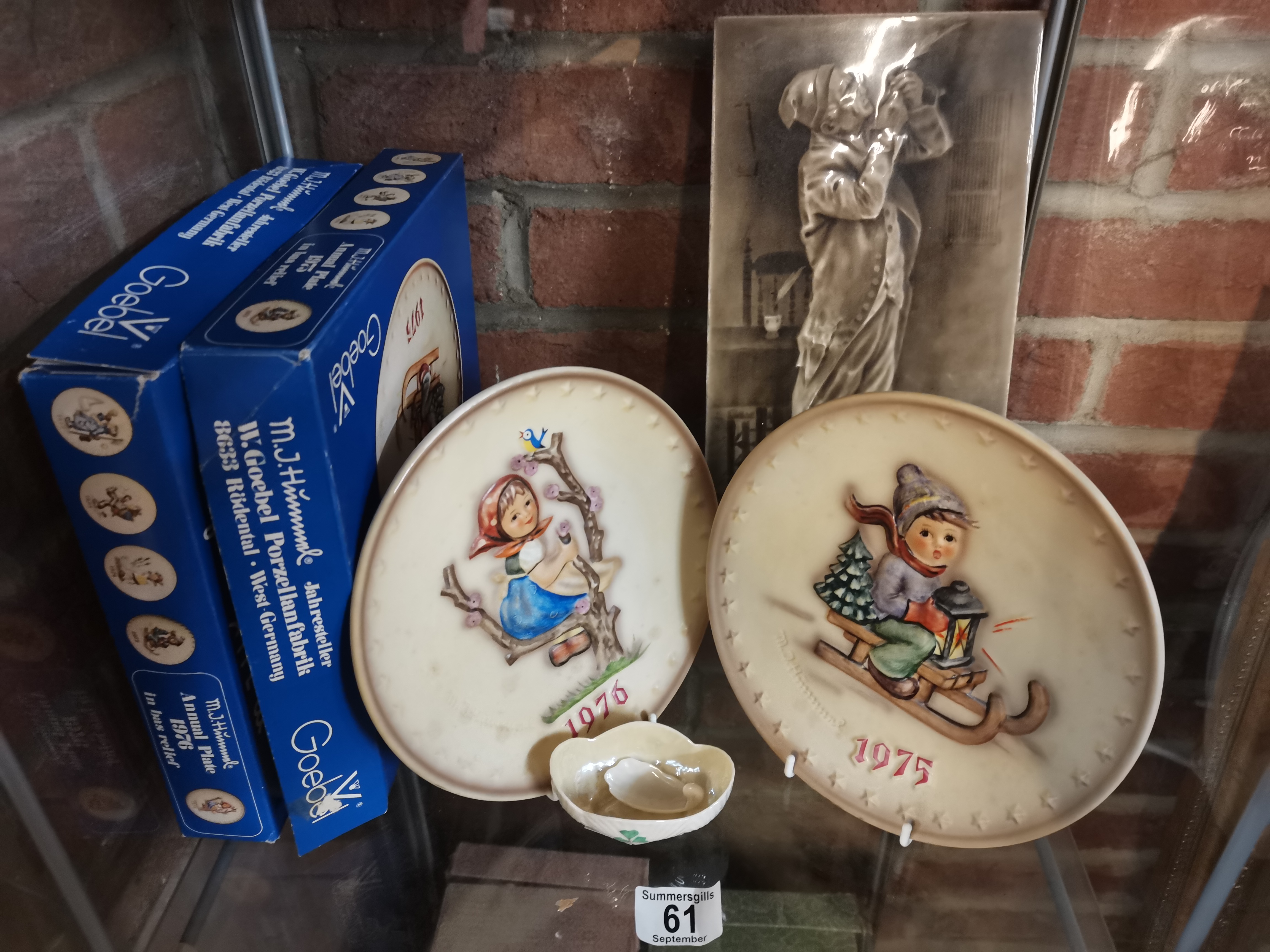 English Plaque (30cm x 15cm) and Belleek pot and spoon plus 2 x Goebel plates - Image 2 of 2