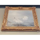 An oil on canvas of swans by K MELLOR