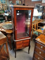 A fruitwood with marquetry display cabinet and hav