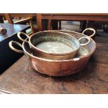 2 x Antique hammered copper and brass cooking pans