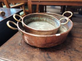 2 x Antique hammered copper and brass cooking pans