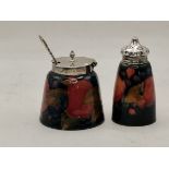 Moorcroft pomegranate and silver 2 piece cruet set with spoon ( chip to base )