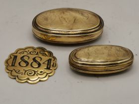 Two Georgian snuff tobacco boxes with very early inscription and 1884 plaque