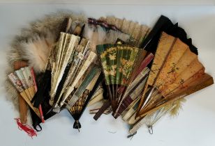 Collection of antique fans - some with fine lace and feathers