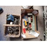 1 Box and 1 Basket of Railway track, rolling stock etc tin plate inc clockwork train NLER 2900