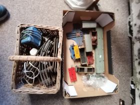 1 Box and 1 Basket of Railway track, rolling stock etc tin plate inc clockwork train NLER 2900