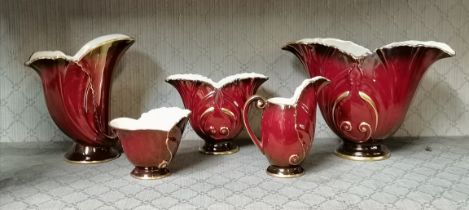 x3 Carlton Ware Rouge Royale Iridescent Art Nouveau Vases plus Milk jug and Sugar bowl