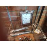 SIlver plated salad servers plus Sheffield Silver mantle clock 18cm x 15cm