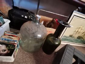Large vintage glass bottle and green glass vase