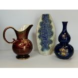 Malaysia handcrafted vase H33cm plus Crown Devon Jug (crack in handle) plus Wilton ware vase