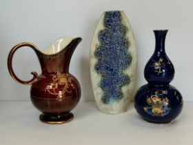 Malaysia handcrafted vase H33cm plus Crown Devon Jug (crack in handle) plus Wilton ware vase