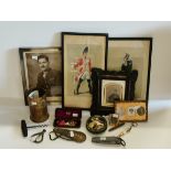 Vintage photographs, medals, corkscrews etc
