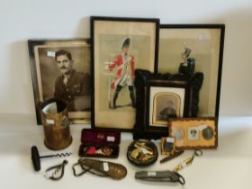 Vintage photographs, medals, corkscrews etc