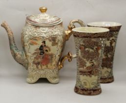 Antique Japanese teapot and 2 matching antique vases all with markings under