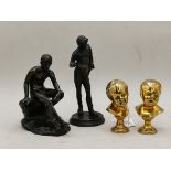 A pair of 7cm brass busts of children and 2 x bron