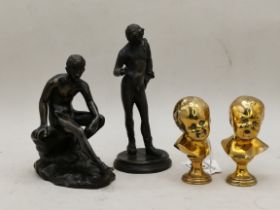 A pair of 7cm brass busts of children and 2 x bron