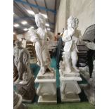 x2 Garden statues R.V Papinia of Summer & Winter on plinths