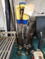 Various items including 1960w trench spade, Weights, Axel Jack, Backpack sprayer, pick axe etc etc