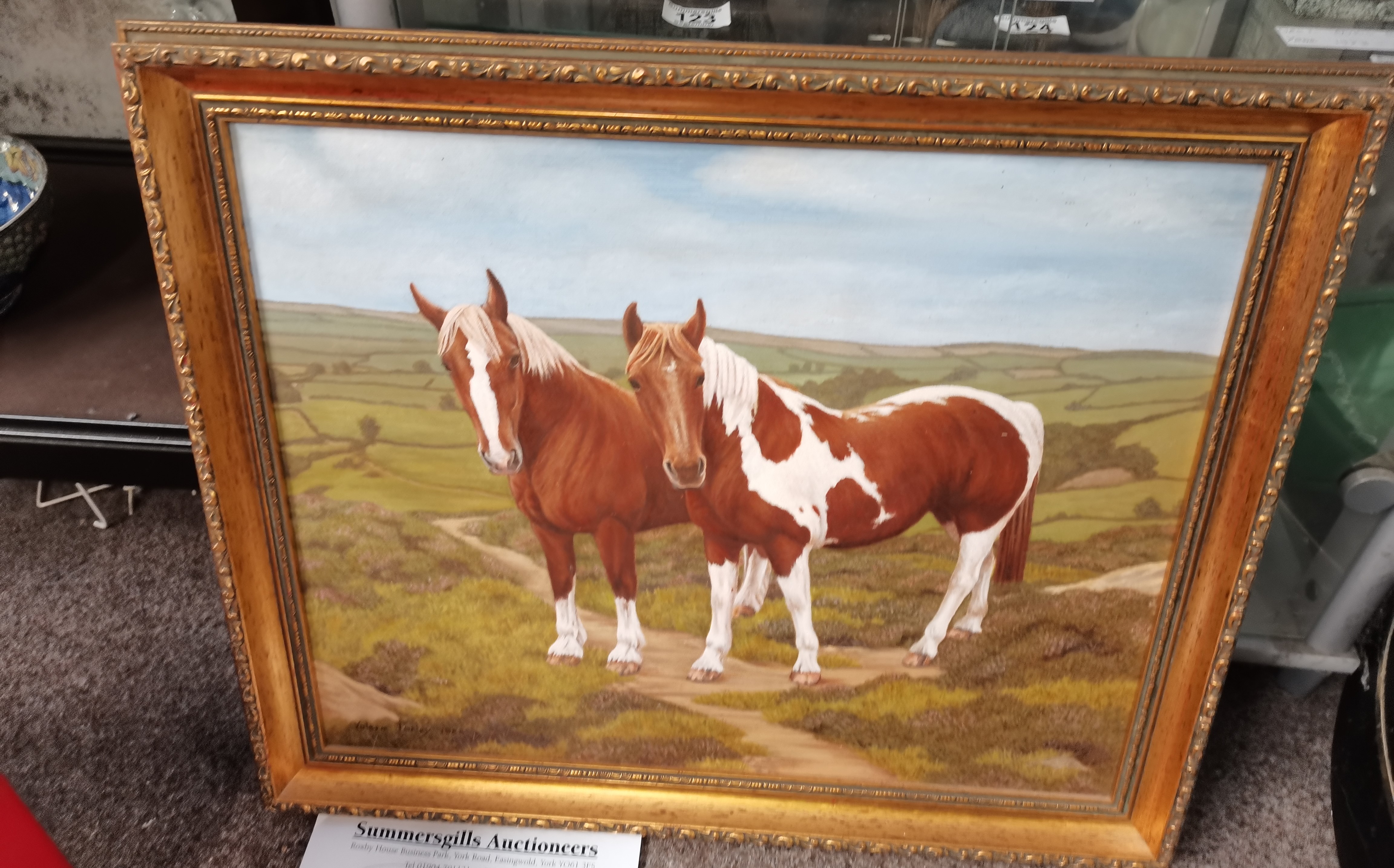 A well painted pair of skewbald horses in the country by Valerie Farley 1980s