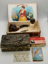 Vintage items - pipe and shaving brush, metal box with miniature animal figures