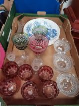 Box of vintage glassware incl Cranberry and 6 Wedgwood Countryscene dinner plates