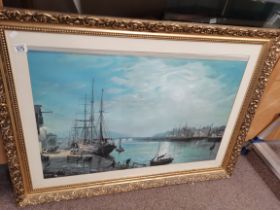 Large Framed picture of Tall Ship in harbour