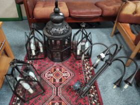 Jim Lawrence x5 cast iron handmade ceiling lamps - large lantern, x3 smaller lanterns and 5 lamp ch