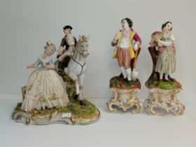 A Pair of Porcelain Spill Vases, Male and Female figures plus Italian 'San Marco' Porcelain Figure G